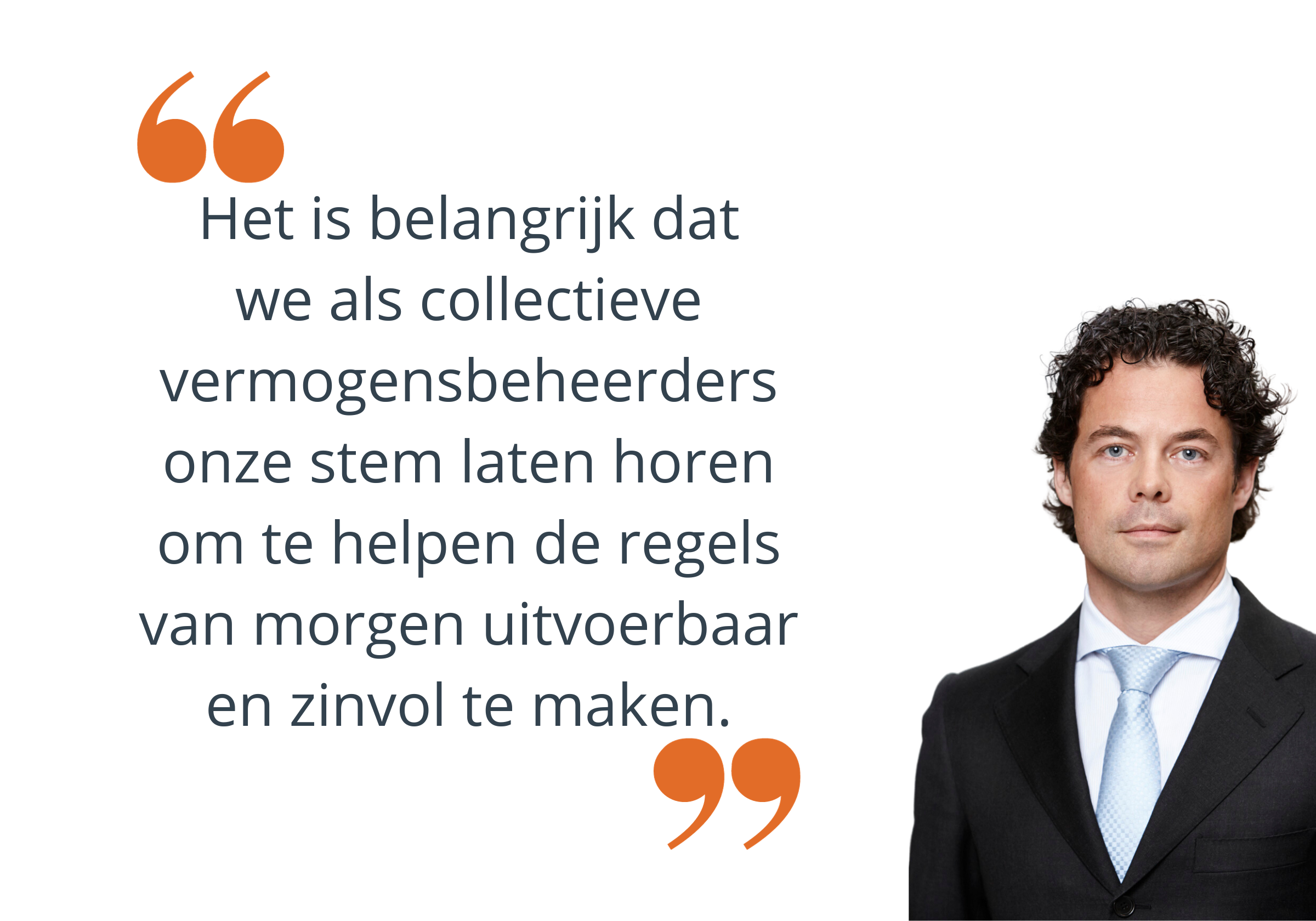 Portret van een man in pak naast een citaat over het belang van collectieve vermogensbeheerders die hun stem laten horen, afkomstig van een LinkedIn-beeld.