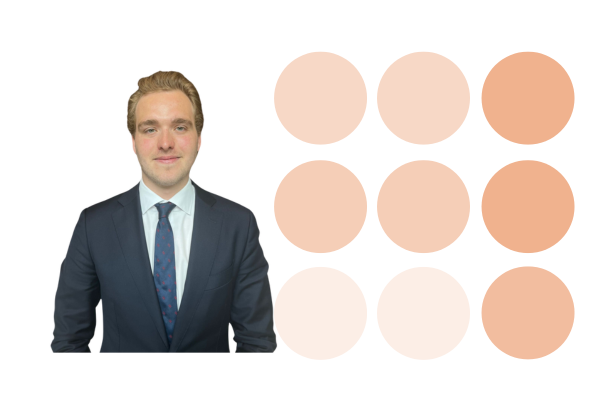 Marlon in pak voor een witte achtergrond met negen huidkleurige cirkels in een raster.