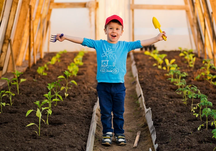 Blij jongetje met tuingereedschap in een kas tussen jonge planten in een volkstuin.