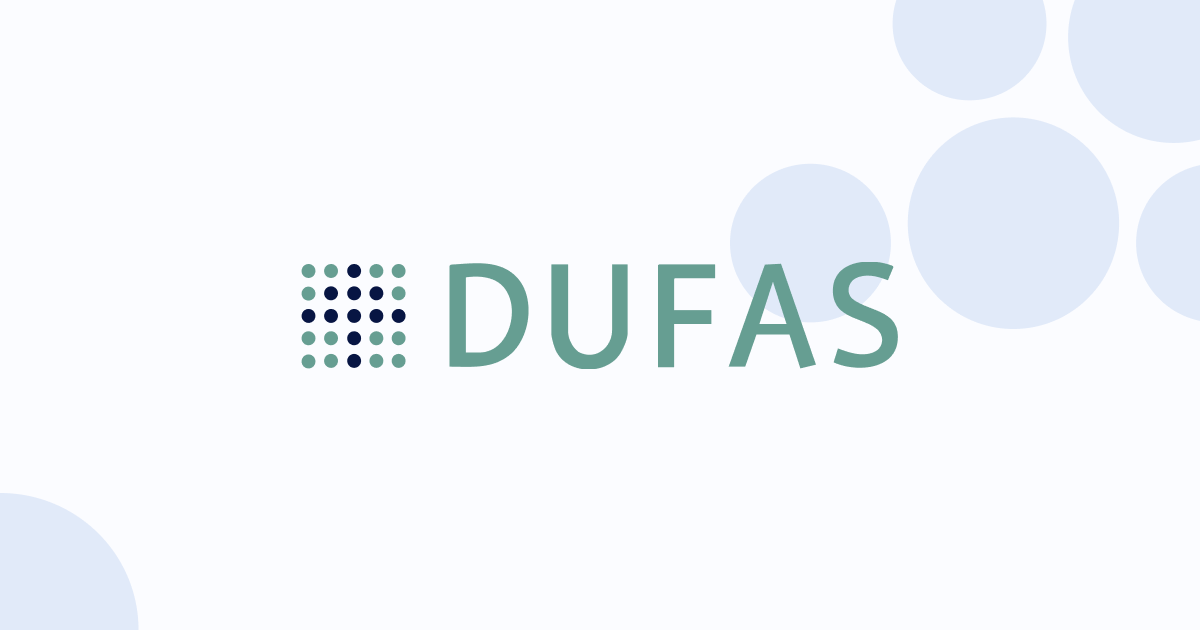 Logo van DUFAS met een gestileerde puntjesgrafiek links en de naam DUFAS in groene letters op een lichte achtergrond.